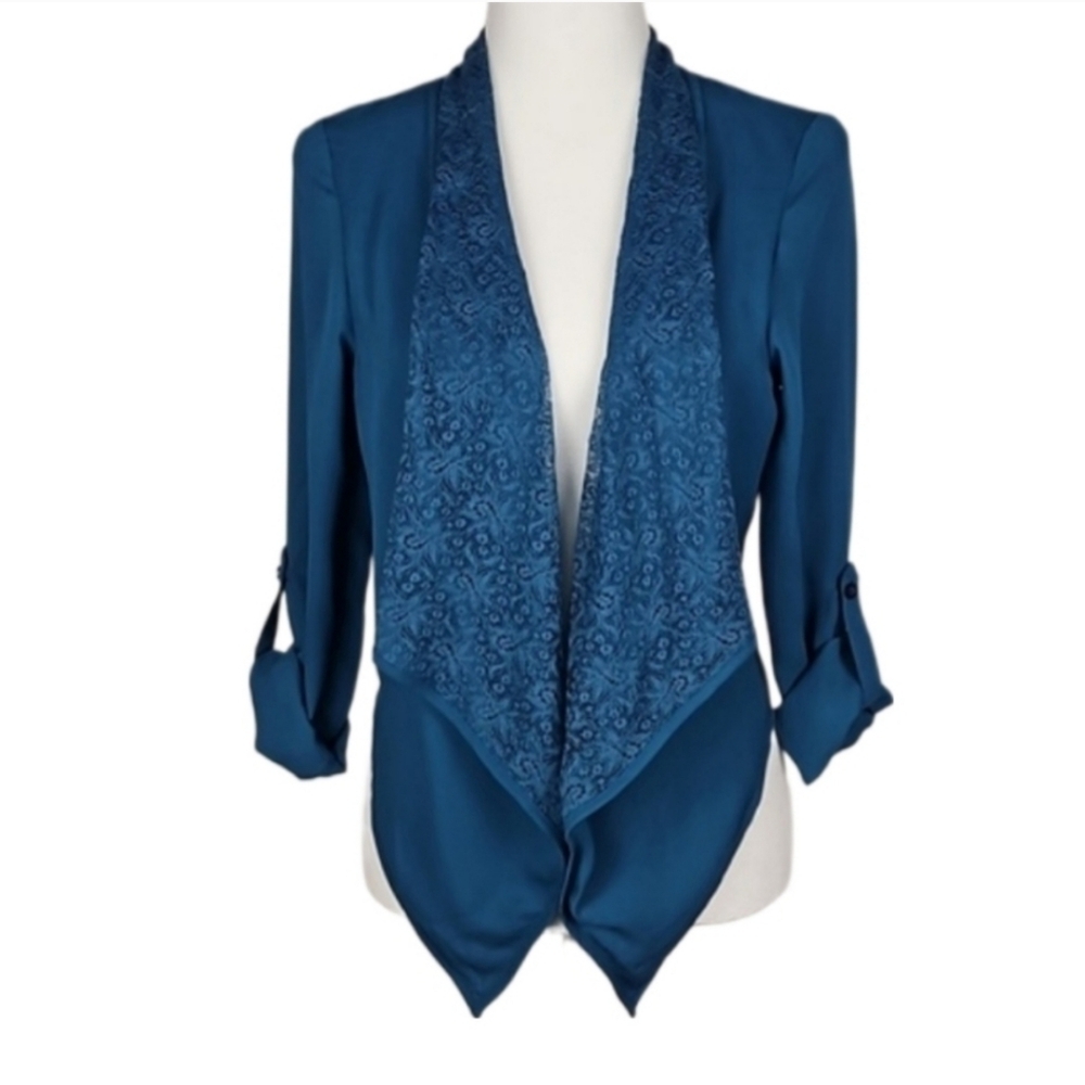 Mine Vintage Y2K Open Blazer Jacket Teal Blue Lace Waterfall Cropped Rare, S